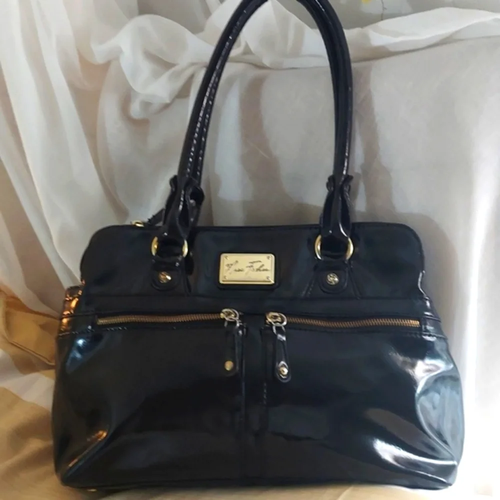 Marc Fisher Women's Black Faux Patent Zip Leather Hobo Bag Purse